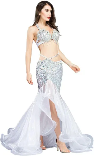 Miniatura 3 de ROYAL SMEELA Disfraz de danza del vientre para mujer, falda de danza del vientre y sujetador de cola de sirena, ropa de rendimiento profesional