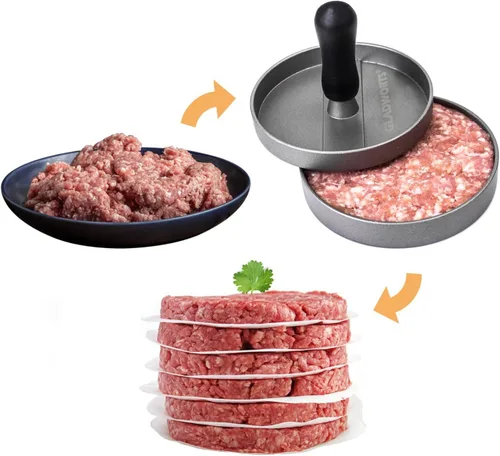 Miniatura 6 de Hamburger Press Patty Maker de aluminio fundido + 100 papeles antiadherentes, prensa de hamburguesas de un cuarto de libra prensa de metal