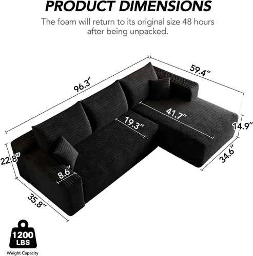 Miniatura 2 de Sofá modular en forma de L de 96 pulgadas con diván, moderno y cómodo sofá de pana para sala de estar, sofá de espuma viscoelástica, no requiere
