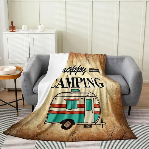 Miniatura 22 de jejeloiu Manta de cama de campamento para todas las estaciones, manta de franela de vellón con temática de campamento feliz, manta peluda de madera