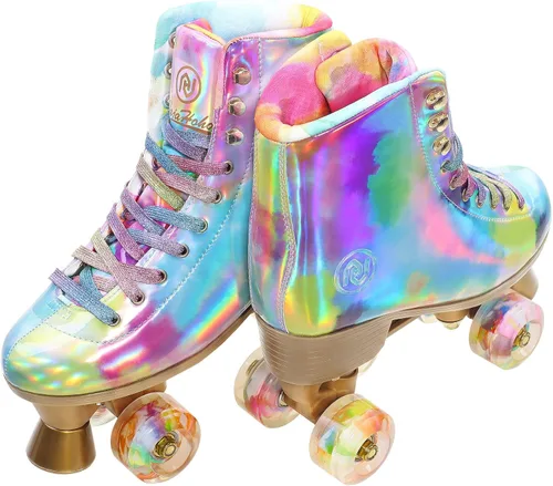 Miniatura 7 de JajaHoho Patines de ruedas para mujer, patines holográficos de alta calidad de piel sintética, patines brillantes de doble fila con cuatro ruedas