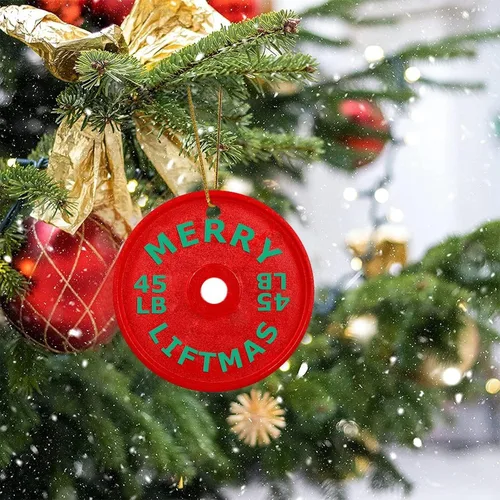 Miniatura 8 de Adorno redondo de cerámica colgante de Navidad, divertido gimnasio con mancuernas blancas de cerámica para colgar recuerdos personalizables