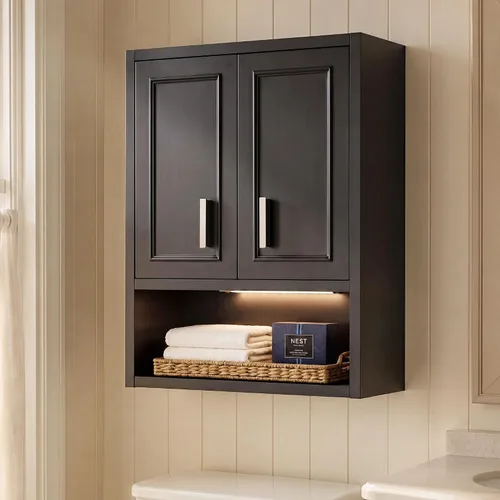 VANIRROR Armario de pared negro de 23 x 29 pulgadas para baño, lavandería, dormitorio, cocina, botiquín de madera, iluminación de bricolaje, bisagra