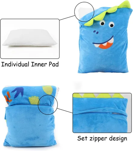 Miniatura 6 de Juego de almohada y cobija de viaje 3 en 1 para niños - 102x152cm, almohada de felpa con calentador de manos, cobija con diseño de dinosaurio