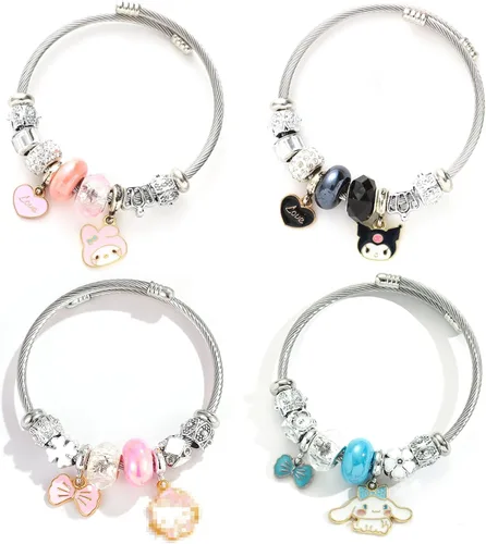 Juego de 4 pulseras kawaii con cuentas, lindas pulseras de dibujos animados para mujeres y niñas, pulseras de amistad a juego, Cristal, cristal