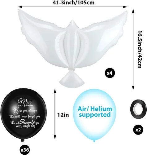 Miniatura 2 de Skylety 36 globos conmemorativos con 4 globos de paloma de la paz para liberar en recuerdo del cielo, decoraciones de helio para funerales, Negro