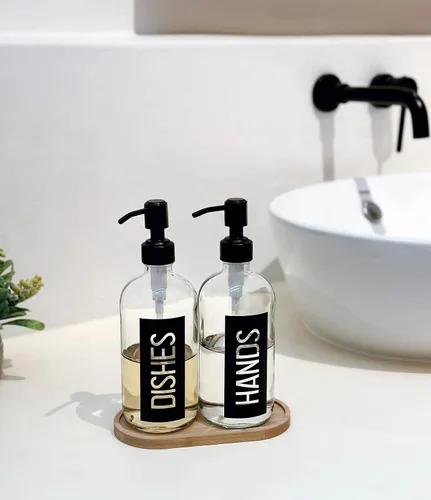Miniatura 5 de JASAI Paquete de 2 dispensadores de jabón de vidrio de 18 onzas, bomba de acero inoxidable negro, dispensador de cocina con etiqueta elegante