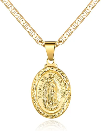 Barzel Collar de cadena de 0.118 in bañado en oro de 18 quilates marineroMarina 060 3MM con colgante de encanto de Virgen María Guadalupe, Metal
