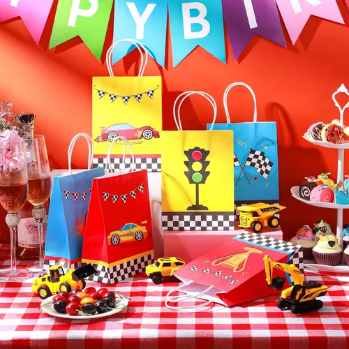 Miniatura 3 de Nezyo 24 bolsas de recuerdo de fiesta de auto de carreras, suministros de fiesta de cumpleaños, bolsas de regalo con asas para bandera a cuadros
