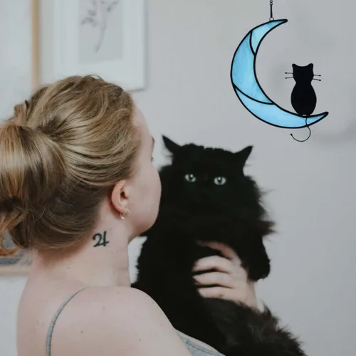 Miniatura 4 de Black Cat Decor On Moon Suncatcher Decoration,Cat Memorial Gifts for Cats Lovers Stained Glass Window Hangingt,Cats Loss Sympathy Gift,Pet Memorial