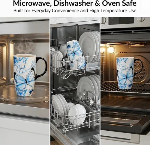 Miniatura 5 de Taza de viaje de cerámica Topadorn con tapa y caja a juego, vaso de café de 17 onzas apto para microondas y lavavajillas, mariposa Solo creer