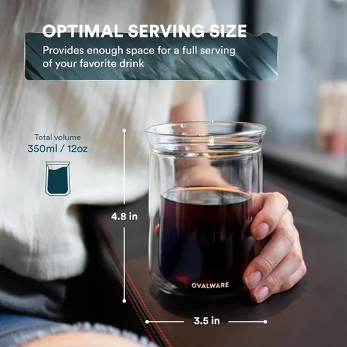 Miniatura 2 de ovalware Vaso de vidrio aislado de doble pared con un solo labio, juego de 4 (12 onzas / 350ml), vidrio de borosilicato para café, té, whisky