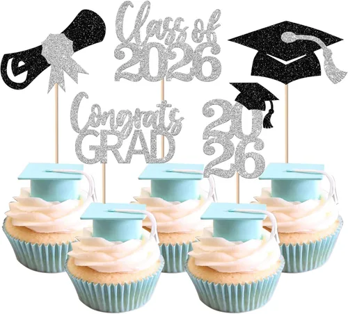 Miniatura 53 de Paquete de 24 adornos para cupcakes de clase 2025 con purpurina 2025 para diploma de graduación 2025 para cupcakes temáticos de graduación 2025