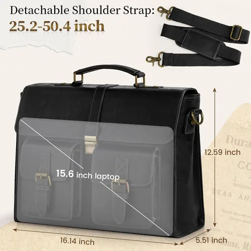 Miniatura 3 de RAINSMORE Bolsa de mensajero para hombre de 15.6 pulgadas de cuero vintage para laptop, maletín impermeable, bolsa de cuero para computadora laptop