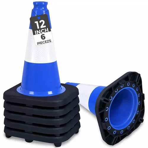 Miniatura 35 de BESEA Paquete de 4 conos de tráfico azules de 12 pulgadas con collar reflectante de 4 pulgadas, conos de seguridad de PVC resistentes con base