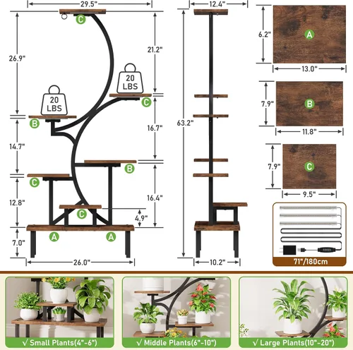 Miniatura 6 de Soporte para plantas de interior con luces de crecimiento, estante para plantas de interior de 7 niveles con base elevada y gancho para colgar