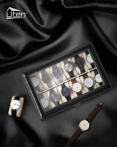 Miniatura 3 de Uten Organizador de relojes, caja de poliuretano con 12 ranuras y tapa de cristal, regalo del día de San Valentín, caja de exhibición de reloj