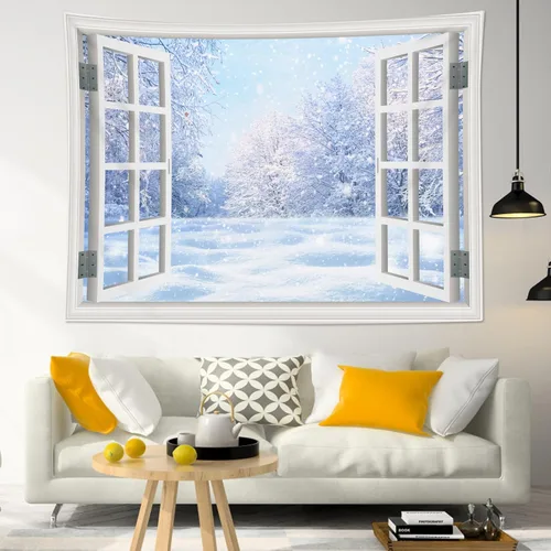 Miniatura 21 de LB Tapiz de Navidad de invierno, ventana de invierno exterior, pino nevado en bosque, tapiz de pared para dormitorio, paisaje de montaña, arte