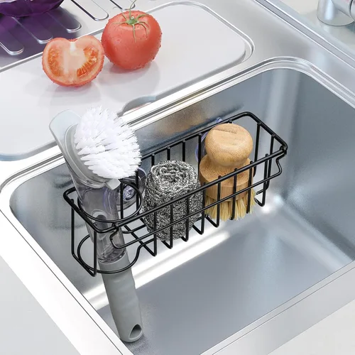 Miniatura 7 de Soporte de esponja 3 en 1 para fregadero de cocina, 2 opciones de suspensión (ventosas y gancho adhesivo), organizador de fregadero colgante