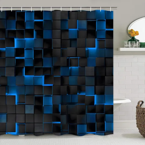Miniatura 2 de LQCOOL Juego de 4 piezas de cortina de ducha azul con cubos 3D, juegos de baño, juego de cortina de ducha moderna para juegos de baño con alfombras