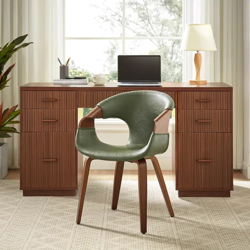 Miniatura 9 de Art Leon Mid Century - Silla de escritorio moderna sin ruedas, silla de escritorio de madera tapizada de piel sintética, silla de oficina con patas