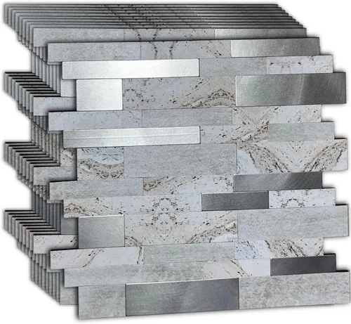 Miniatura 12 de XUANINY 10 hojas de azulejos metálicos despegar y pegar para protector contra salpicaduras, autoadhesivos de aluminio 3D, adhesivos de pared