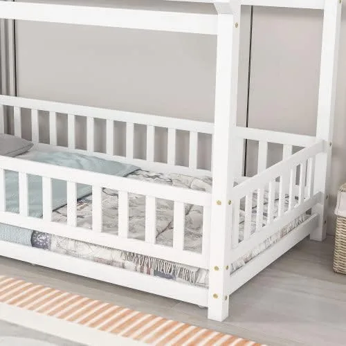Miniatura 5 de Cama de suelo de tamaño individual con valla para niños pequeños, cama Montessori con techo de casa, marco de cama de piso de madera para niños