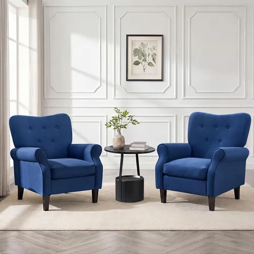 Miniatura 2 de YOLENY Silla decorativa moderna, sillón de respaldo alto, sofá individual tapizado con botones de tela con patas de madera para sala de estar, Azul