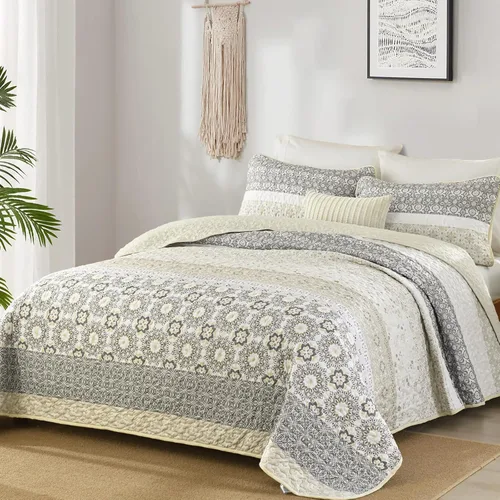 Miniatura 27 de WONGS BEDDING Juego de edredón bohemio tamaño Queen, juego de colcha de retazos a rayas bohemias aguamarina con 2 fundas de almohada, juego de ropa