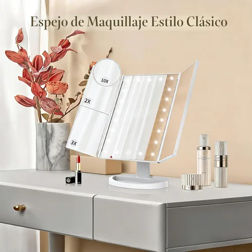 Miniatura 8 de HUONUL - Espejo para maquillaje con luces LED, aumento de x1, x2 y x3, iluminado, control táctil, espejo triple plegable, fuente de alimentación