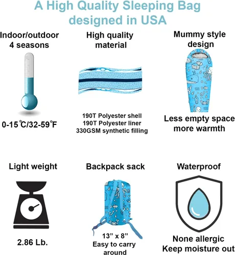 Miniatura 3 de KidzAdventure Mummy Style 32 – 59F Saco de Dormir para Niños con Funda de Almohada, 4 Estaciones, Ligero y Estilo Mochilero, Ideal para Acampar