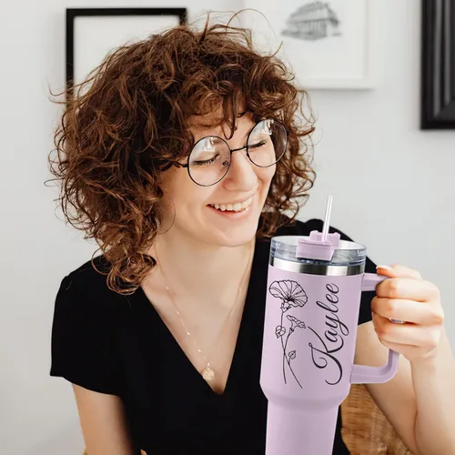 Miniatura 5 de Elemtansy Vaso personalizado de 40 onzas con asa y pajita, taza personalizada con nombre y flor de nacimiento, vaso de café de viaje de acero