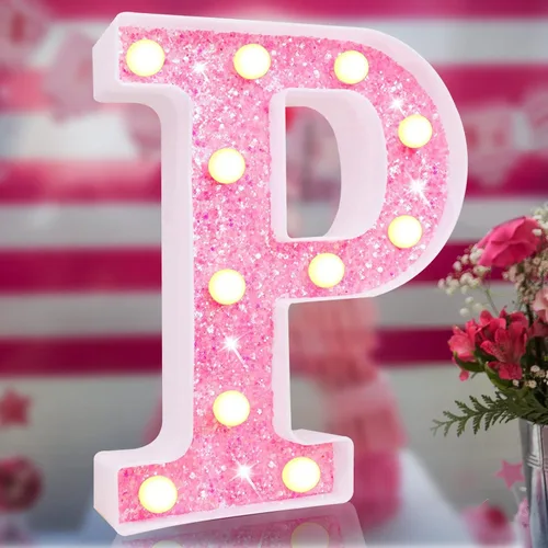 Miniatura 26 de Letras rosas iluminadas, letras del alfabeto con purpurina, letras LED de marquesina, que funcionan con pilas, para iluminar por la noche