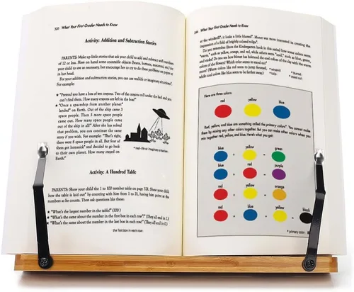 Miniatura 6 de wishacc Soporte de libros de bambú, bandeja ajustable para libros y clips de papel para páginas - Escritorio de lectura para libros de cocina