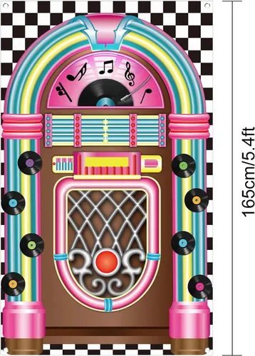 Miniatura 2 de Boao Jukebox - Pancarta recortada para decoración de los años 50, pancarta de rock and roll, telón de fondo retro para cumpleaños, decoración