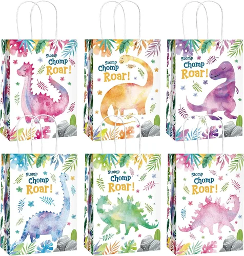 Outus 24 bolsas de regalo de fiesta de dinosaurios, bolsas de regalo de fiesta de dinosaurio con asa para niñas y niños, temática de dinosaurios,