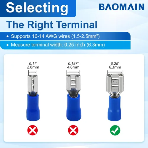 Miniatura 4 de Baomain Paquete de 100 unidades de terminales de pala hembra de desconexión rápida de 1/4", 16-14 AWG 6.3mm (0.25 pulgadas), conectores de crimpado