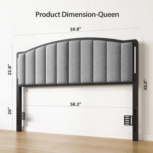 Miniatura 2 de Cabecera para cama tamaño Queen con luces LED, cabecero tapizado de canal vertical acolchonado, cabecera de cama de tela de lino, marco de fijación