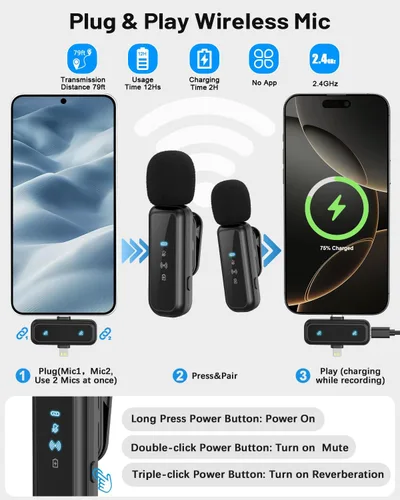 Miniatura 2 de Kit de vlogging para iPhone/Android, trípode para selfie stick de 180 cm para iPhone con luz de relleno, micrófono inalámbrico y control remoto