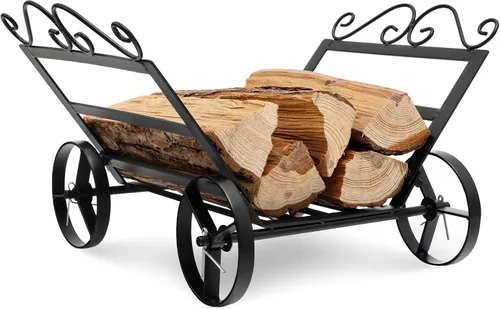 Goplus Estante para leña al aire libre con ruedas, pequeño estante decorativo de leña de 20 pulgadas con patrones elegantes y base elevada, soporte
