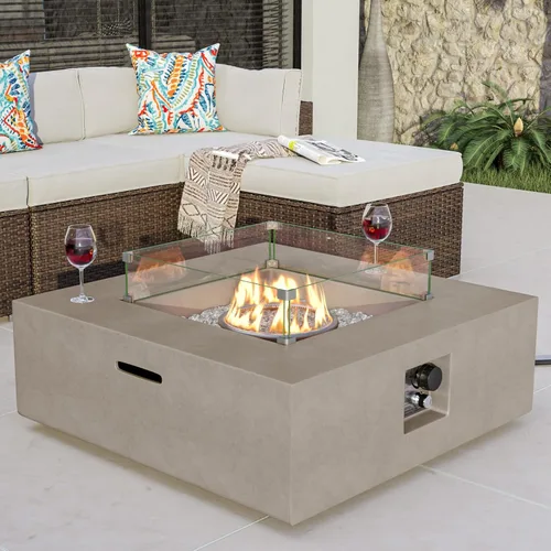 COSIEST Mesa cuadrada para fogata de propano para exteriores, base de maceta de piedra sintética gris de 35 pulgadas, quemador de acero inoxidable