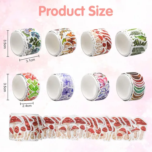 Miniatura 3 de 8 rollos de cinta adhesiva Washi vintage, diseño de pétalos de flores, hojas de helecho, mariposas, hojas de pino, hongos para bricolaje, diario