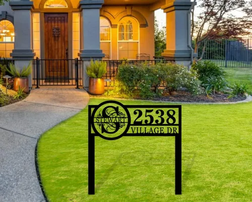 Miniatura 2 de Placa de dirección de metal personalizada con monograma que muestra la dirección y el nombre de la calle, letrero de dirección del número de casa