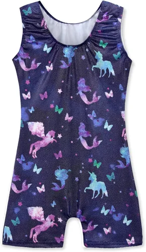 Miniatura 127 de HOZIY - Leotardos de gimnasia con pantalones cortos brillantes para niñas pequeñas; estampados de unicornio, aurora, arco iris, sirena, dinosaurio