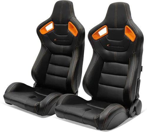 Miniatura 11 de IKON MOTORSPORTS, Par de asientos universales de carreras con deslizadores dobles, color negro con puntada naranja PU y cuero de carbono