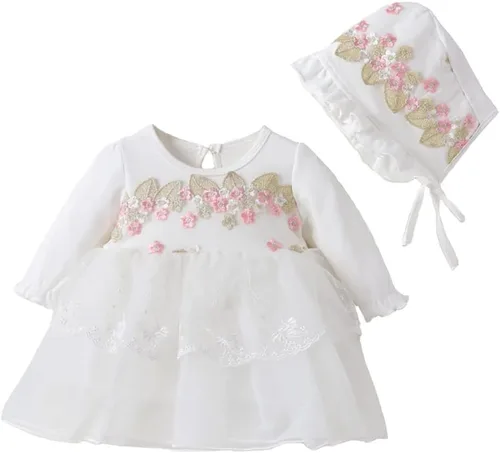 Miniatura 60 de Vestido de otoño de manga larga para niña pequeña, vestido de encaje con flores, boda, primer cumpleaños, bautizo, vestido con sombrero