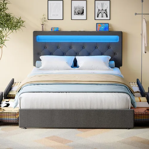 Miniatura 13 de Rolanstar Base de cama individual con estación de carga, cama LED con almacenamiento debajo de la cama, cabecera ajustable de 38.9/40.8 pulgadas,