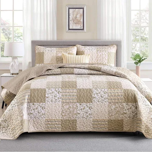Mybedsoul Juego de edredón bohemio beige tamaño individual, juego de colcha floral a cuadros de 3 piezas, juego de ropa de cama reversible de