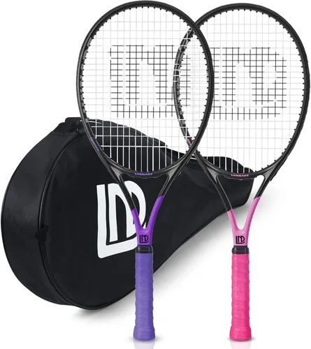 Raqueta de tenis para adultos, paquete de 2 raquetas de tenis duraderas de 27 pulgadas, ligera, preencordada y regrip, adecuada para principiantes a