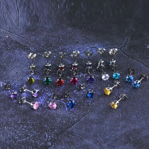 Miniatura 7 de Juego de 12 pares de aretes de tuerca de acero inoxidable con circonita cúbica para mujer, juego de aretes de tuerca con piedra natal multicolor
